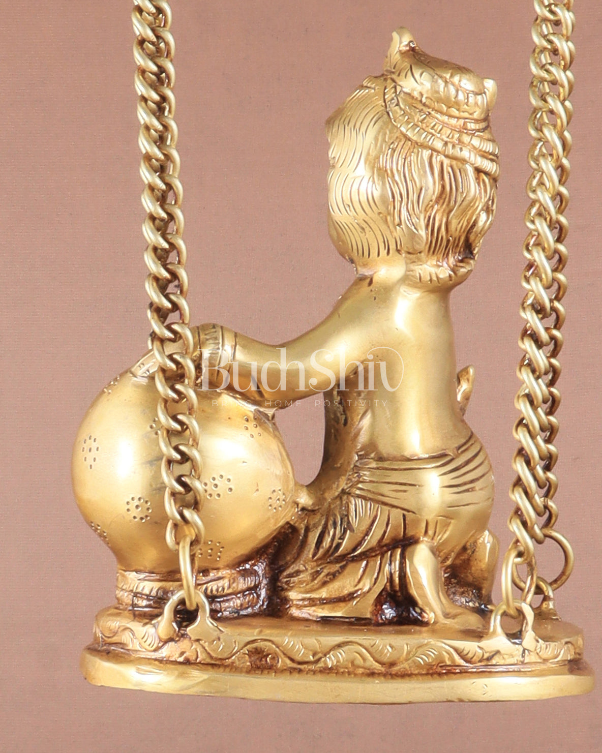 Pure Brass Baby Krishna as Bal Gopal Makhan Chor on an Elegant Kirtimukha Swing 18"