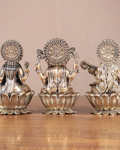 Superfine Brass Ganesh Lakshmi Saraswati Idols - 6" Tall, Set of 3