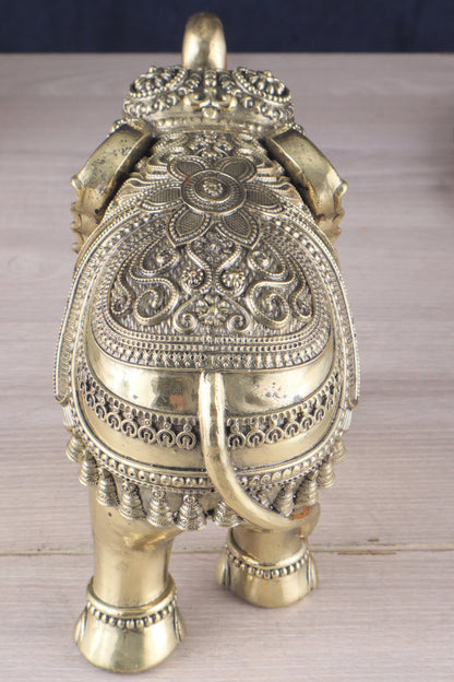 Brass Superfine Intricately Carved Elephant Statue 10" wide