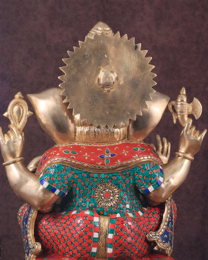 Pure Brass Large Ganesha Statue with Meenakari Stonework and Ashtavinayak Carvings - 22"