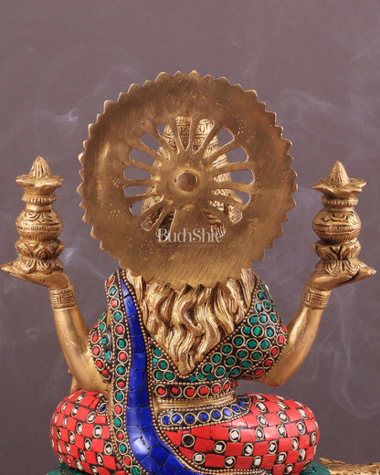 Pure Brass Lakshmi with Owl Idol Seated on Lotus | 11 Inch meenakari