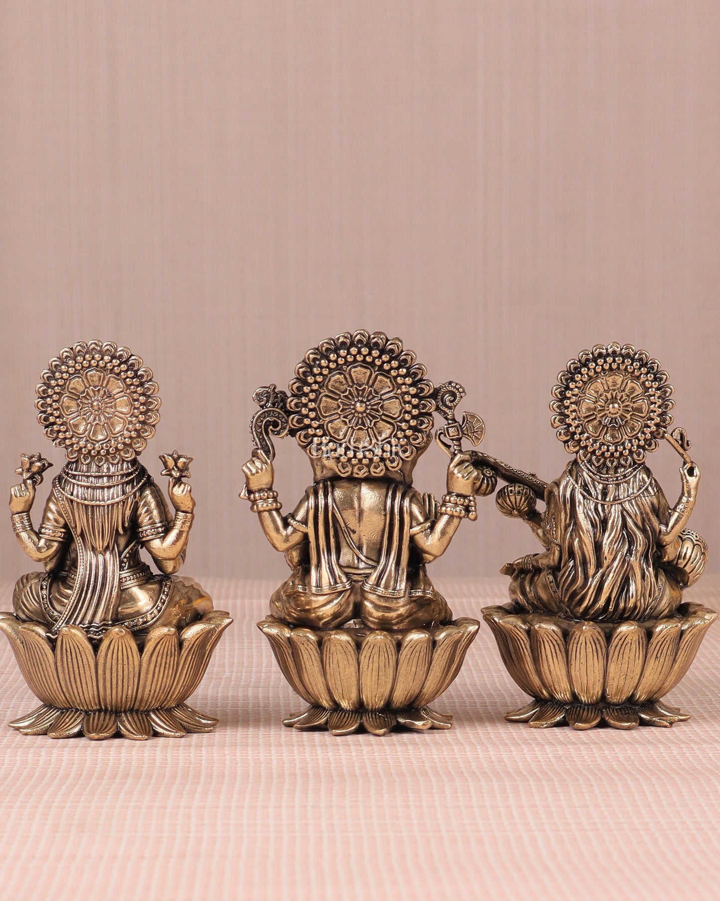 Brass Superfine Ganesh Lakshmi Saraswati Idols - 4 Inch lotus base