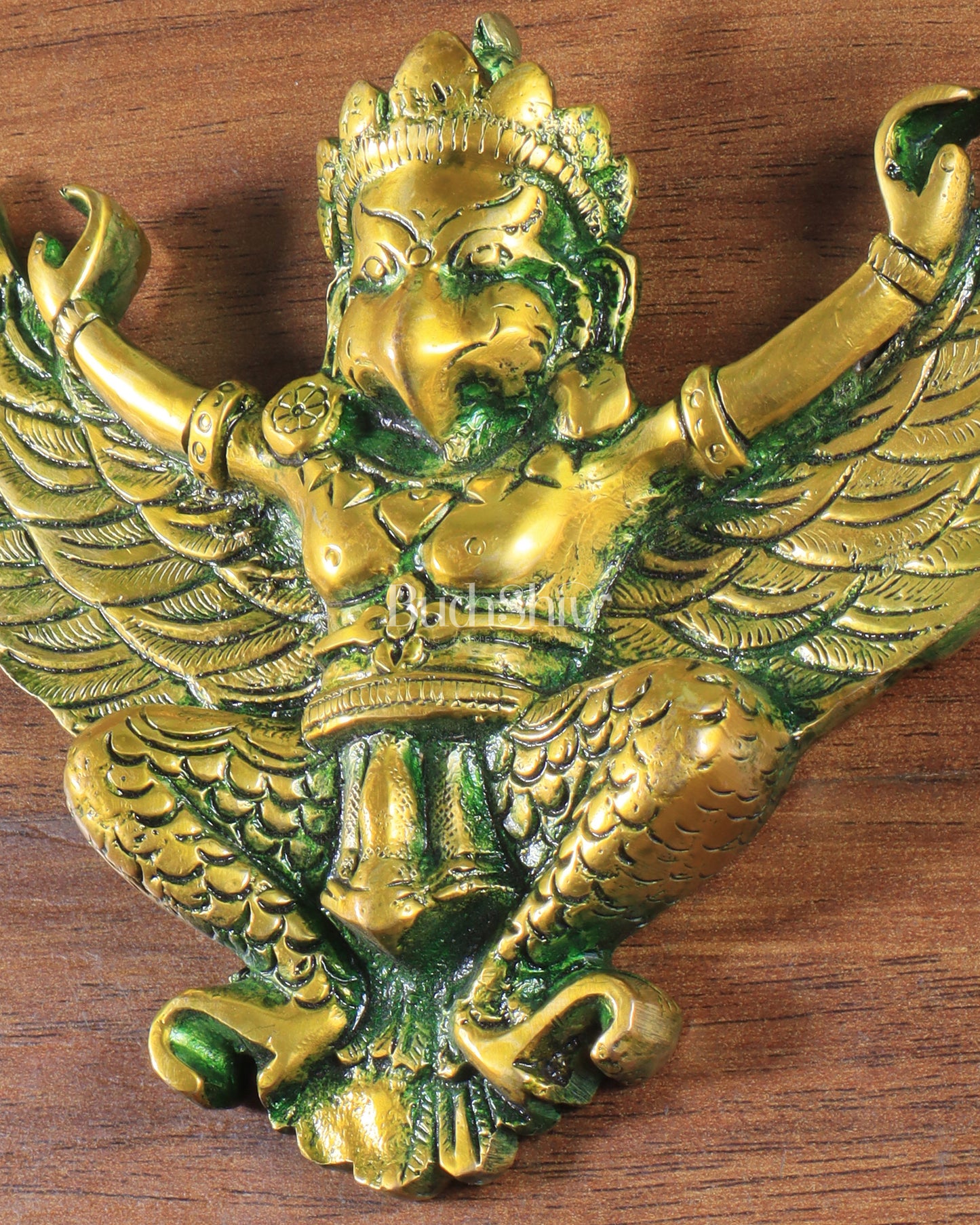 Unique Brass Wall Hanging Flying Garuda Idol 5" Green effect