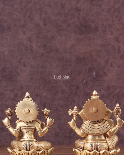 Pure Brass Ganesha and Lakshmi on Lotus Base Idol Set - 5.5"