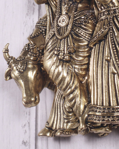 Divine brass Radha Krishna with Cow Wall Hanging – Small & Lightweight, 4 Inch