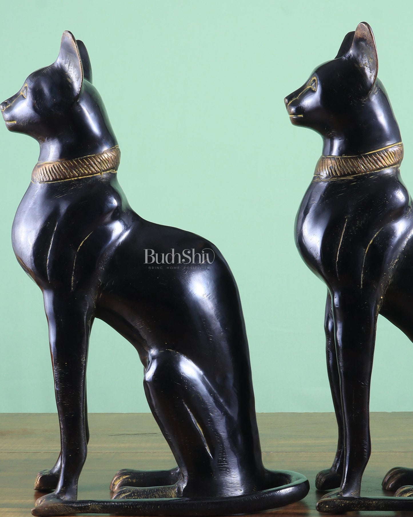 Brass Egyptian Black Cat Pair – Elegant Showpiece 14"