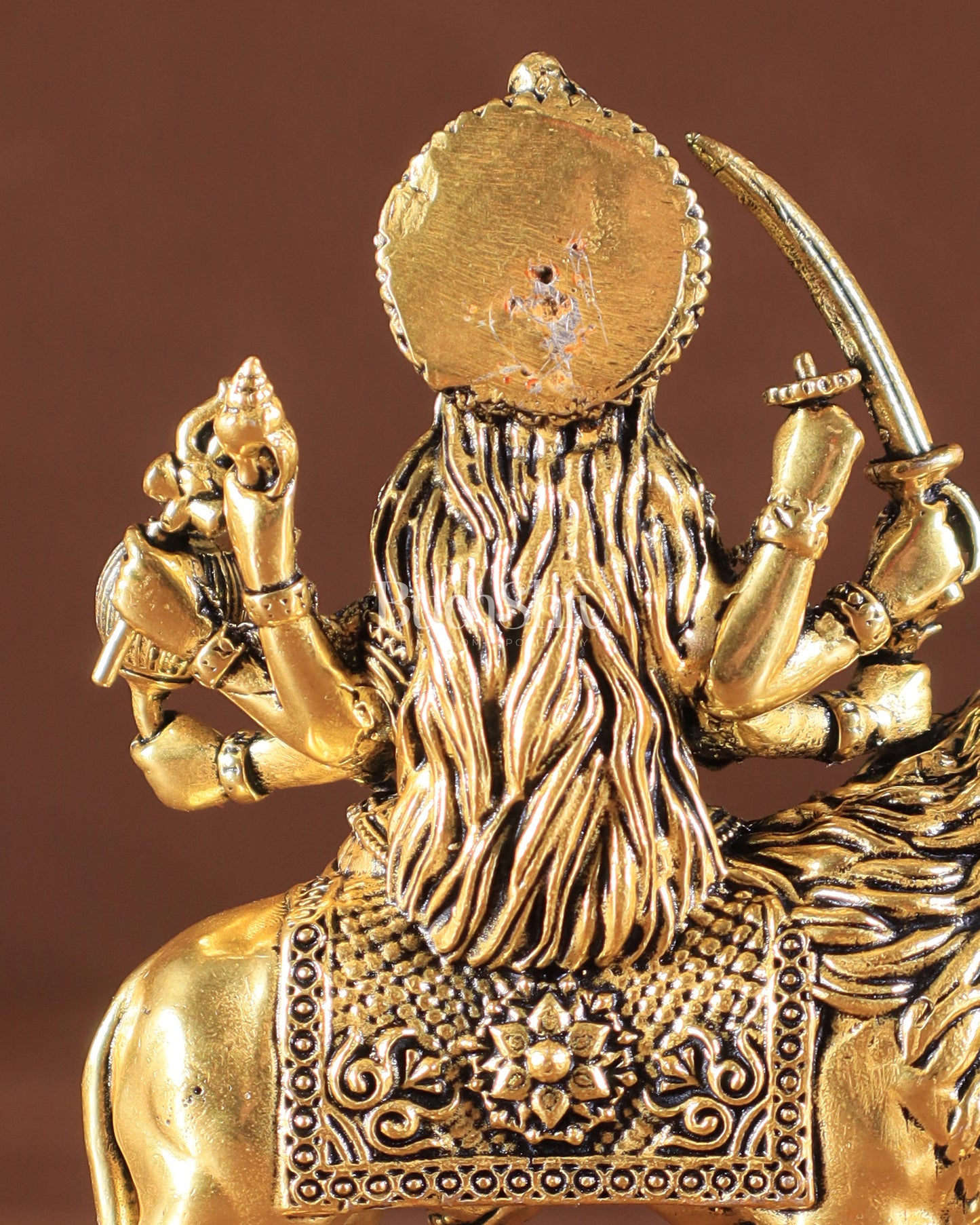 Pure Brass Superfine Durga on Lion Idol golden tone