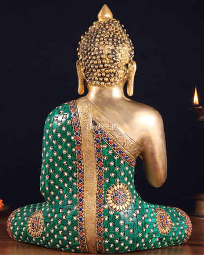 Pure Brass Buddha Statue in Abhaya Mudra with stonework 14 inch