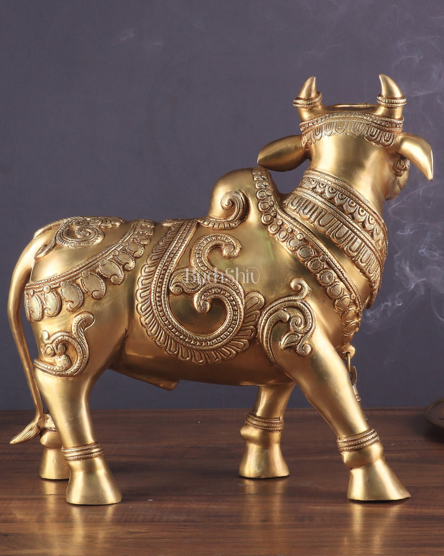 Pure Brass Large Standing Nandi Fully Engraved Sculpture  14"