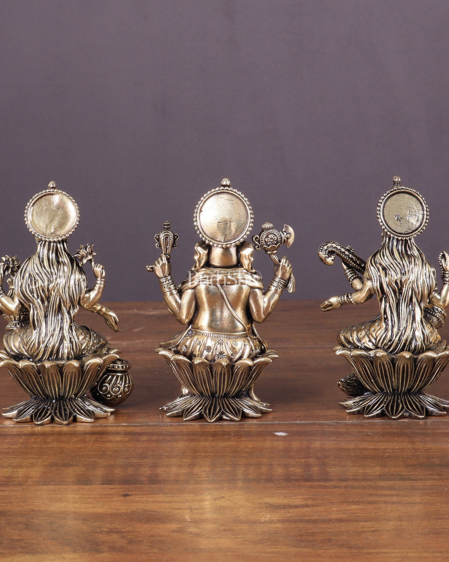 Brass Superfine Ganesha, Lakshmi, and Saraswati Idols Seated on Lotus 4"