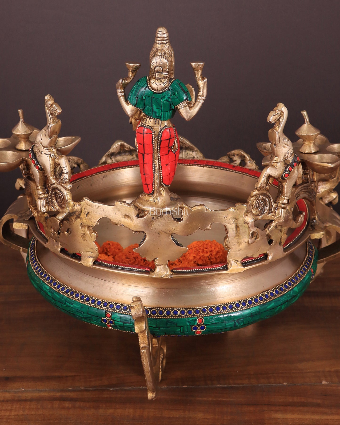 Handcrafted Ashtalakshmi Brass Urli with Diyas | Height: 16 Inch with stonework