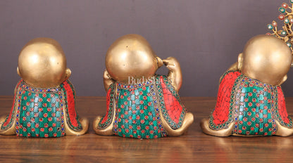 Pure Brass Large Happy Baby Monks Statues Set | 7.5-inch with stonework