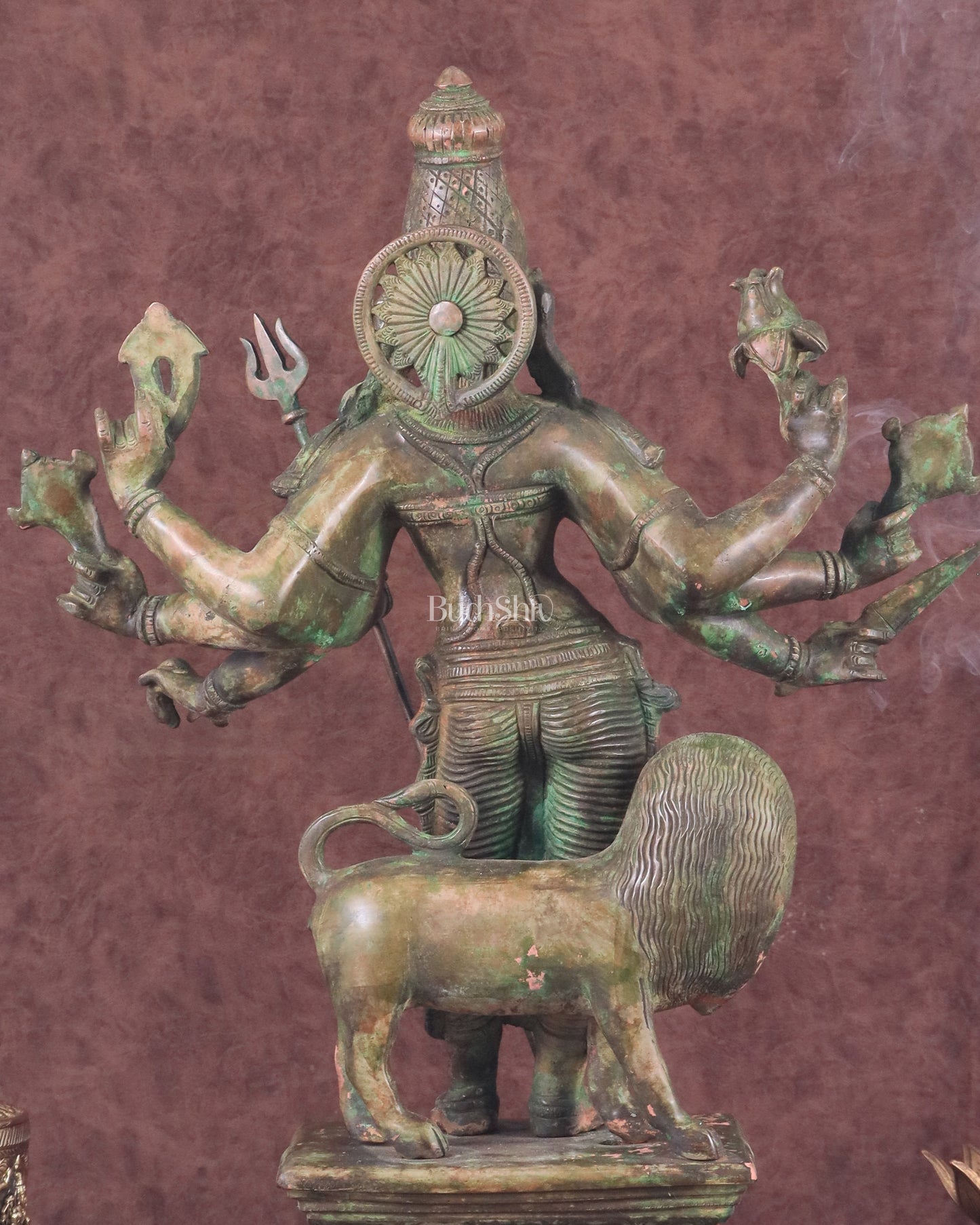 Standing Durga Brass idol with lion 18 inch green