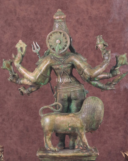 Standing Durga Brass idol with lion 18 inch green