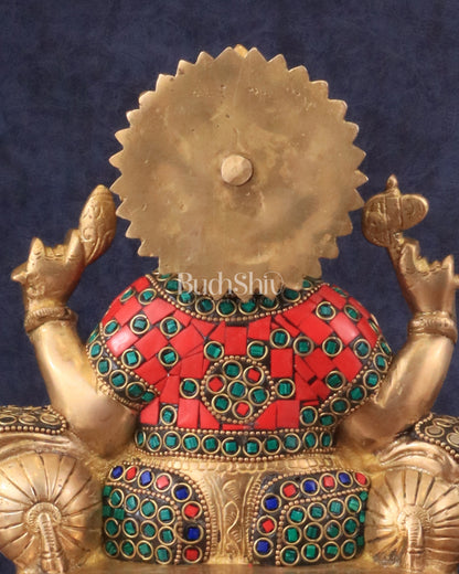 Brass Ganesha statue with Meenakari Stonework | 10" Height