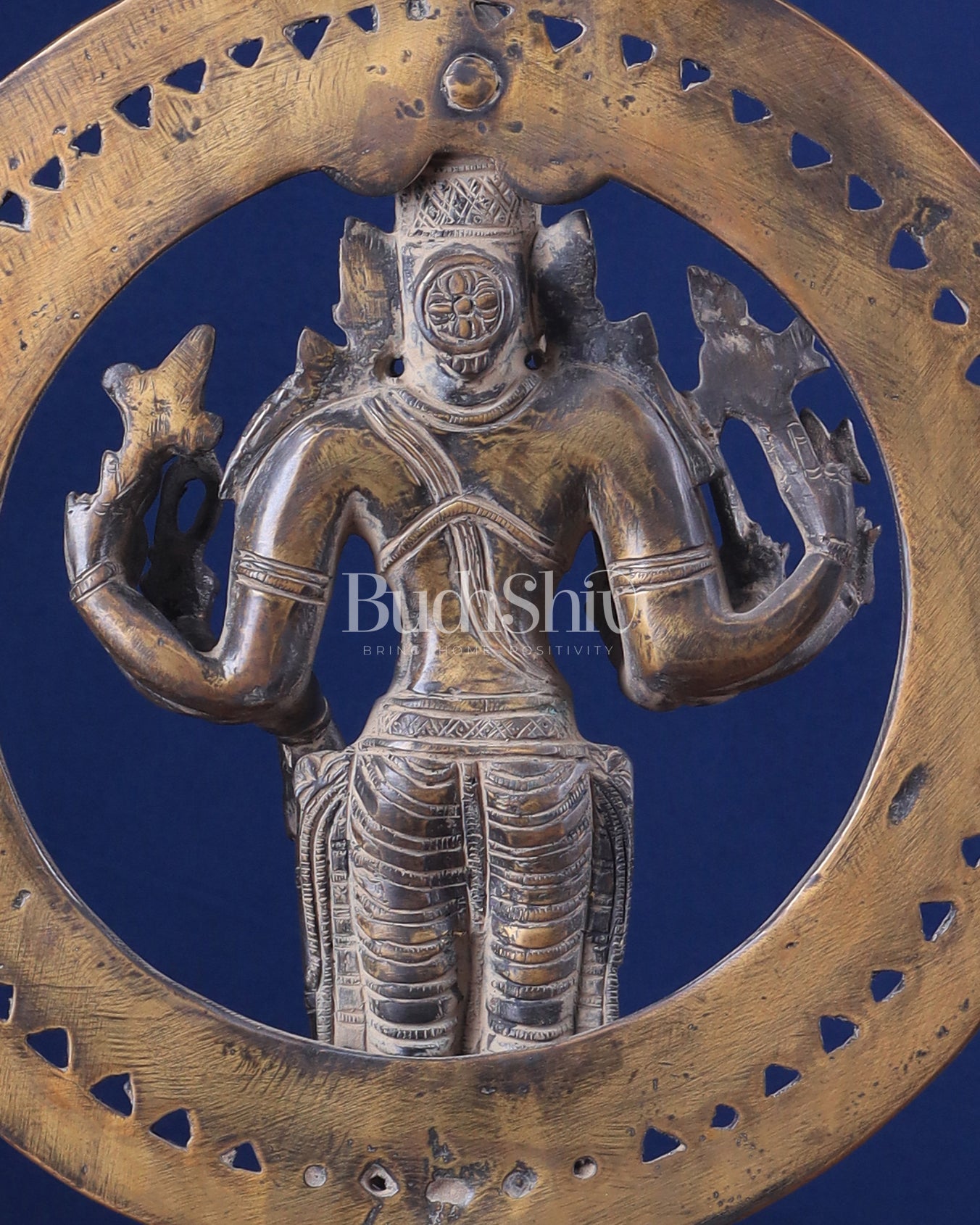 Vintage Brass Lord Vishnu Statue with Sudarshan Chakra Aura - 16.5 Inch