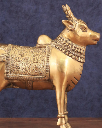 Brass Standing Nandi Statue in Golden Tone - 16"