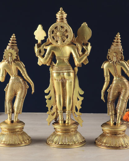 Brass Lord Vishnu with Bhudevi and Sridevi Statues – Intricate Sculptures, 13"