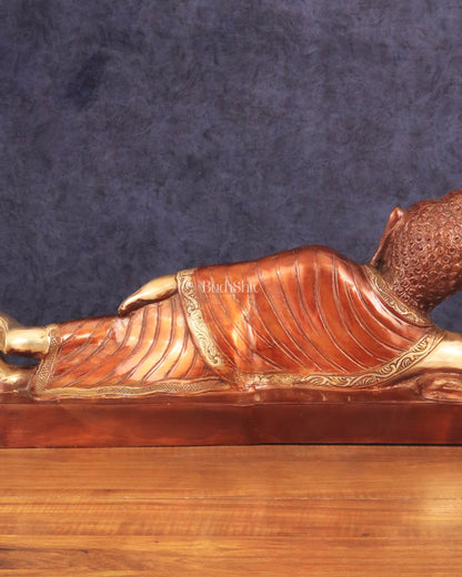 Brass Reclining Sleeping Buddha Sculpture in Unique Dual Tone 20 inch wide