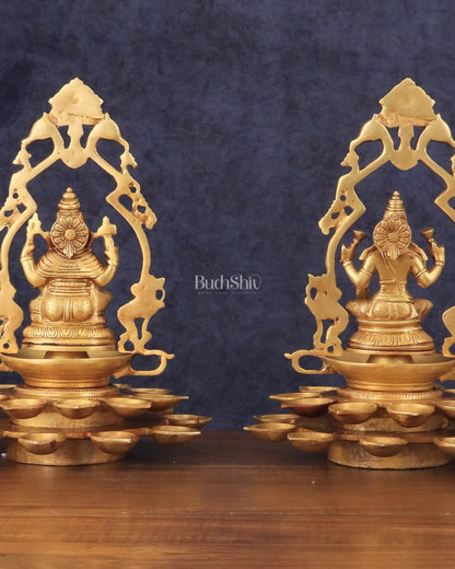 Pure Brass Ganesha and Goddess Lakshmi Statues with Diyas and Thiruvarchi Frames - 12"