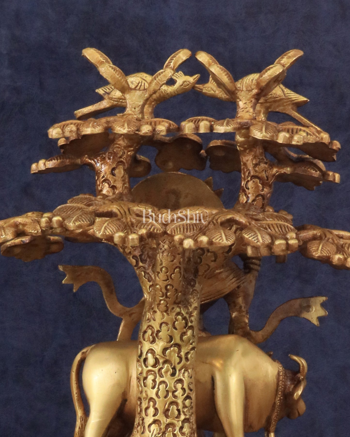 Pure Brass Lord Krishna with Cow Under a Tree Statue 12 inch