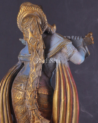 Pure Brass Lord Krishna Vintage Hand-Painted Sculpture 18.5"