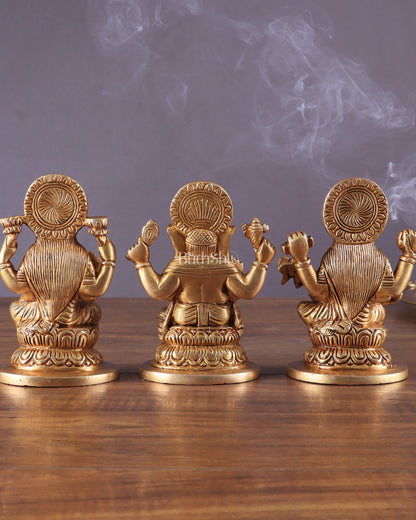 Pure Brass Ganesha, Lakshmi, and Saraswati Idols – 4.5" Handcrafted Set