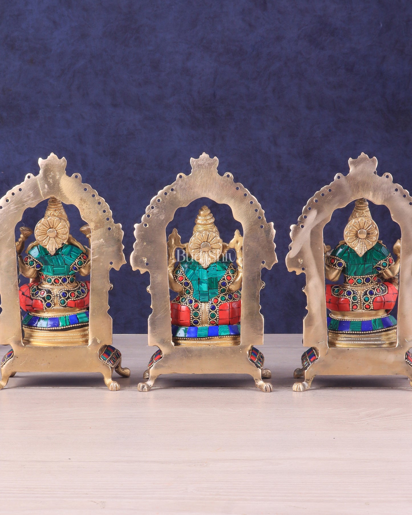 Pure Brass Ganesha, Lakshmi, Saraswati Idol Set | Meenakari Stonework 8"