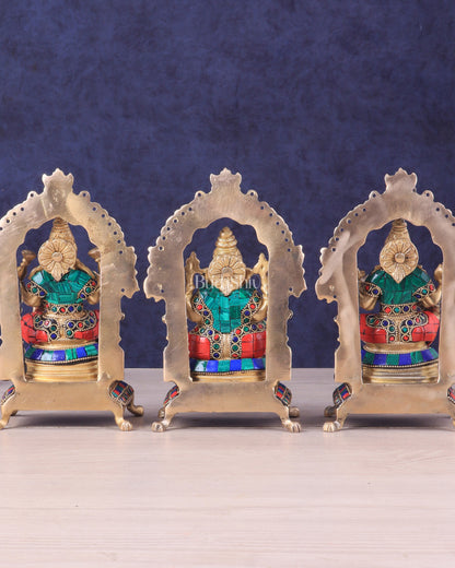 Pure Brass Ganesha, Lakshmi, Saraswati Idol Set | Meenakari Stonework 8"