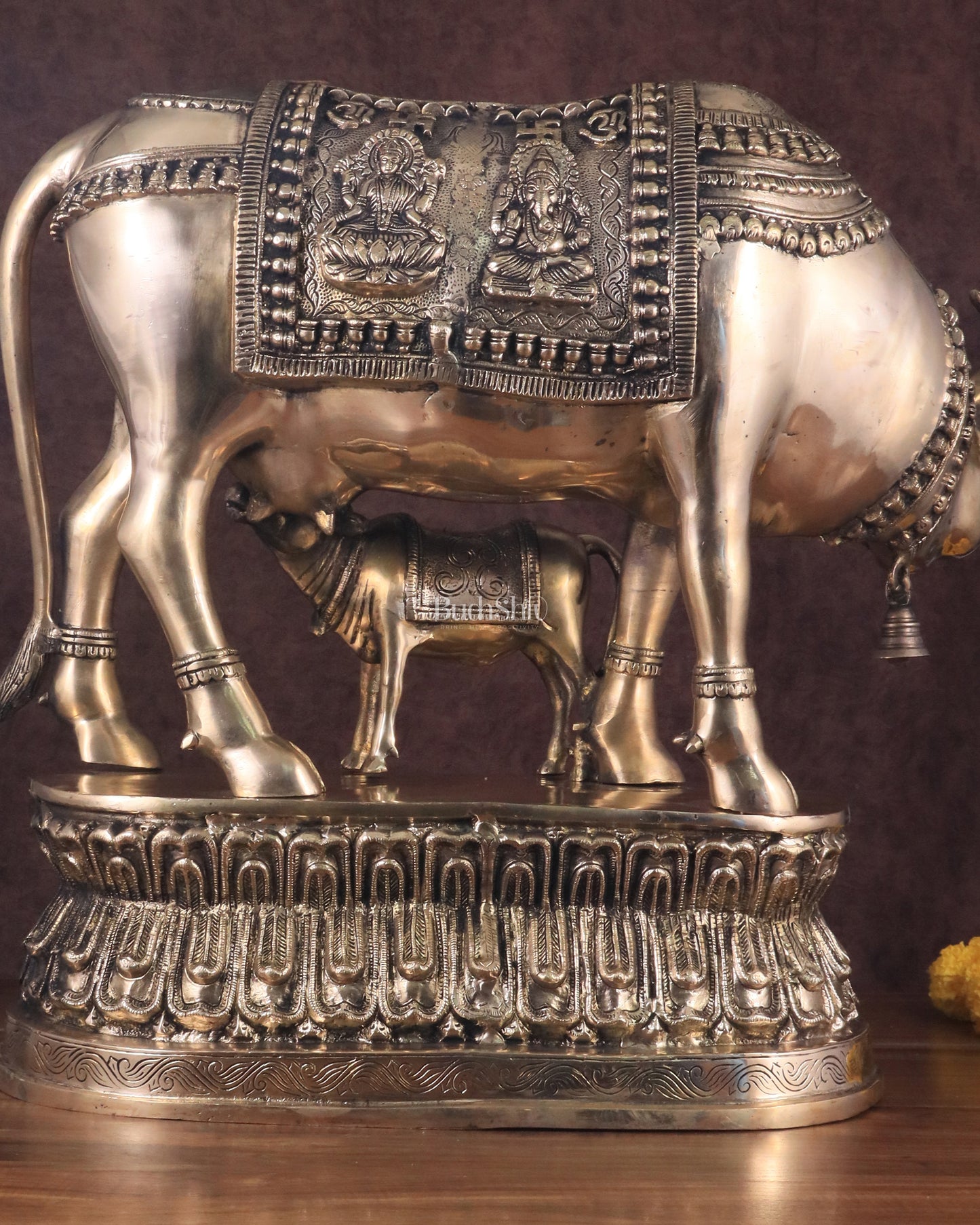 Brass Large Kamadhenu Cow with Calf Idol - 22 Inch Antique Charm