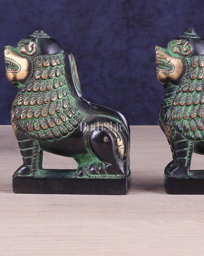 Brass Tibetan Snow Lion Pair – Antique Black & Green Finish