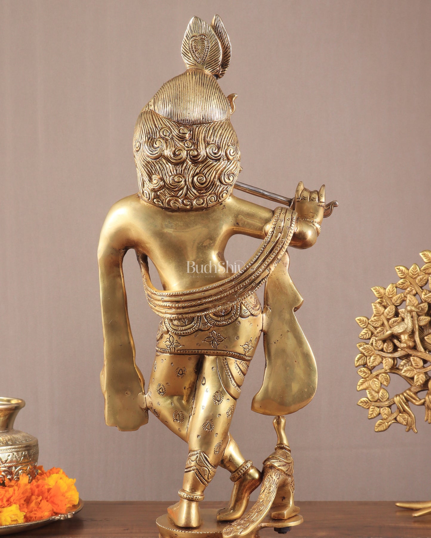 Lord Krishna Standing on a Lotus Base – Pure Brass Unique Sculpture 19"