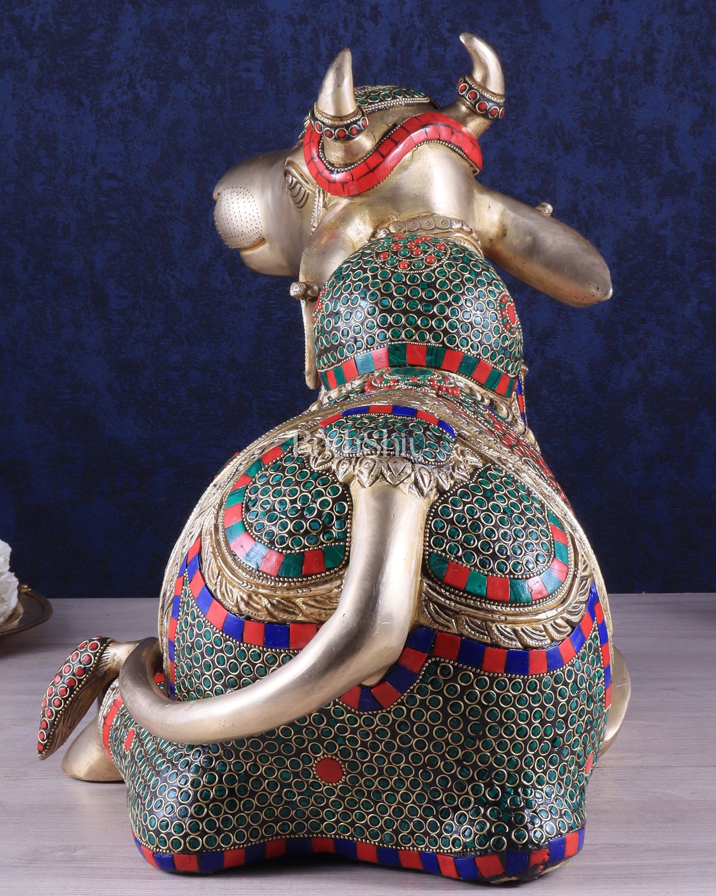 Elegant Brass Nandi Statue with Intricate Stonework 21"