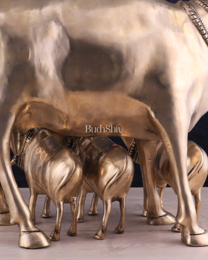 Pure Brass Large Gomatha (Cow) Statue Protecting Her Calves – Symbol of Nurturing Divinity