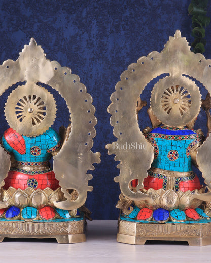 Lord Ganesha and Goddess Lakshmi Brass Statues - Height 18 inches