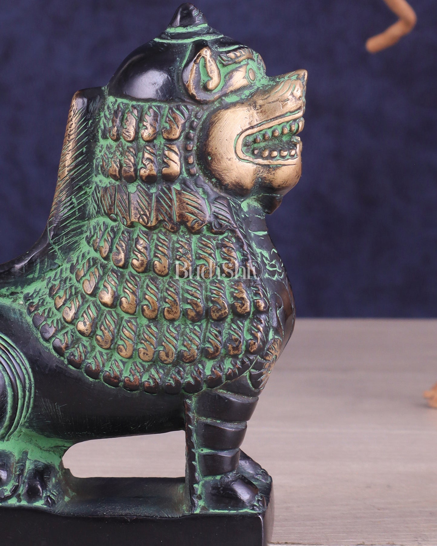 Brass Tibetan Snow Lion Showpiece – black and green tone