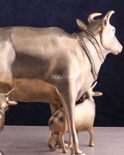 Pure Brass Large Gomatha (Cow) Statue Protecting Her Calves – Symbol of Nurturing Divinity