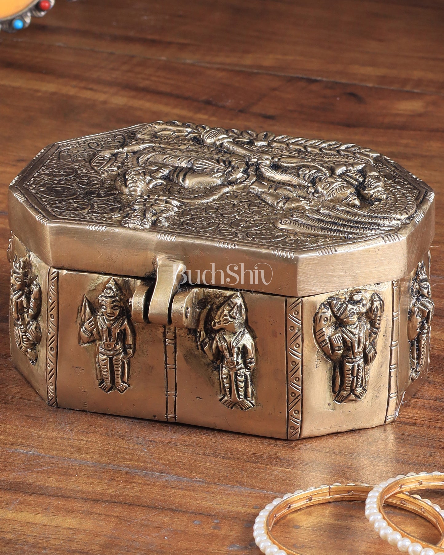 Unique Brass Lord Vishnu Multipurpose Storage Box with Dashavatar Carvings