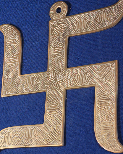 Pure Brass Wall Hanging Swastik with Lotus Carvings