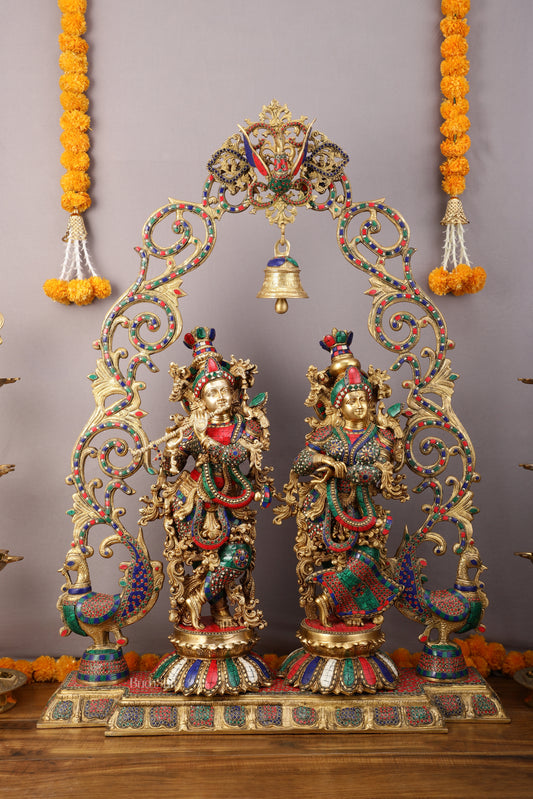 45" Brass Radha Krishna with Peacock Temple Arch Meenakari statues