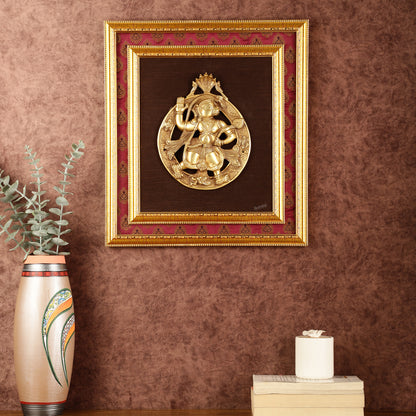 Brass Hanuman Hanging on Wooden Frame with Premium Fabric - 17" x 15"