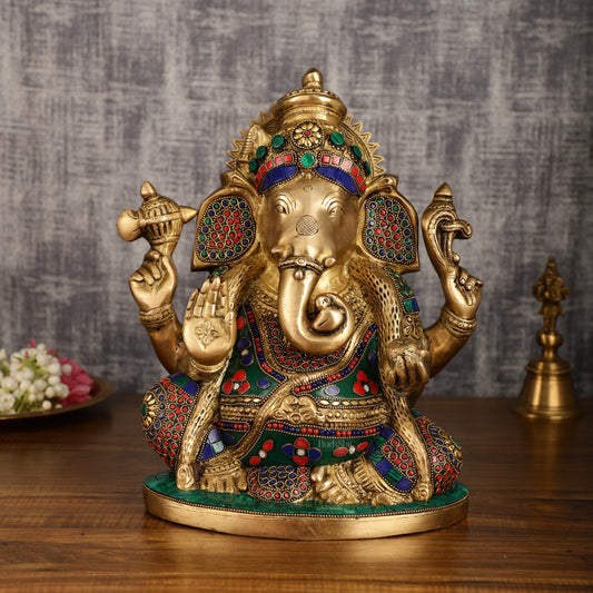 Unique Ganapati Brass Statue with Meenakari | 13.2 Inch