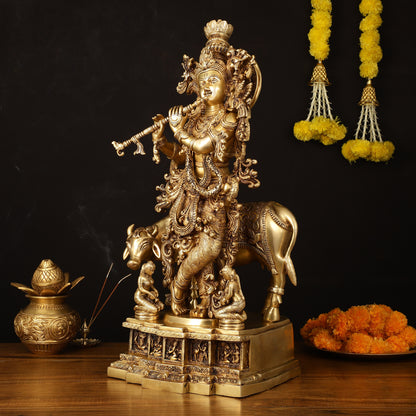 Pure Brass Lord Krishna with Cow Statue - 29" Height