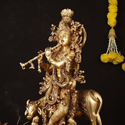 Pure Brass Lord Krishna with Cow Statue - 29" Height