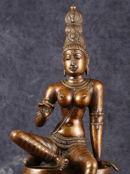 Chola Style Brass Seated Parvati Uma Devi Sculpture | Height: 20.5 inch