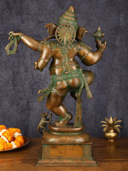 Majestic Pure Brass Large Dancing Ganapati Statue - Antique Bronze Patina with Copper, 24"