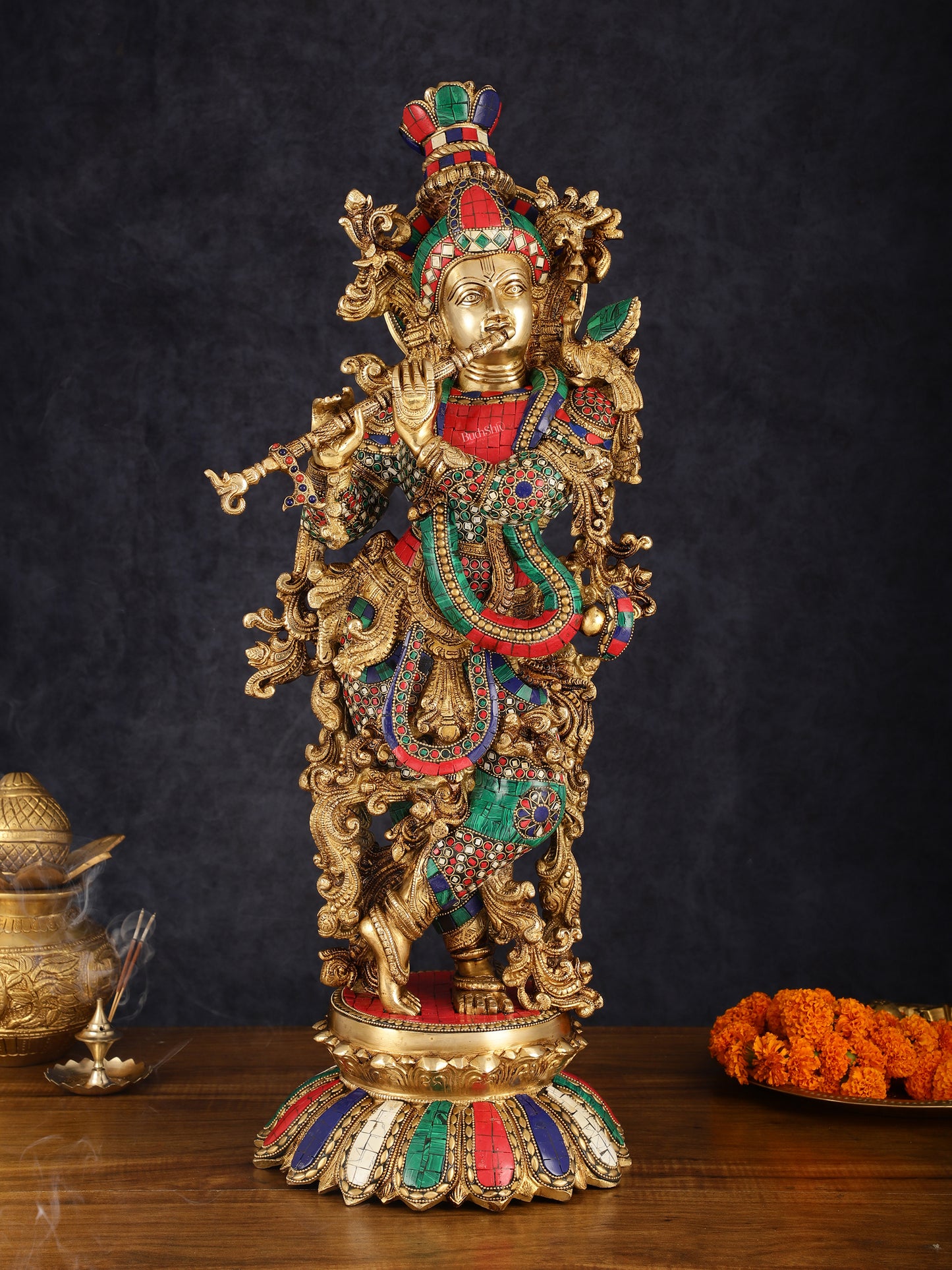 Pure Brass Superfine Lord Krishna Statue with Stonework, 27" Height