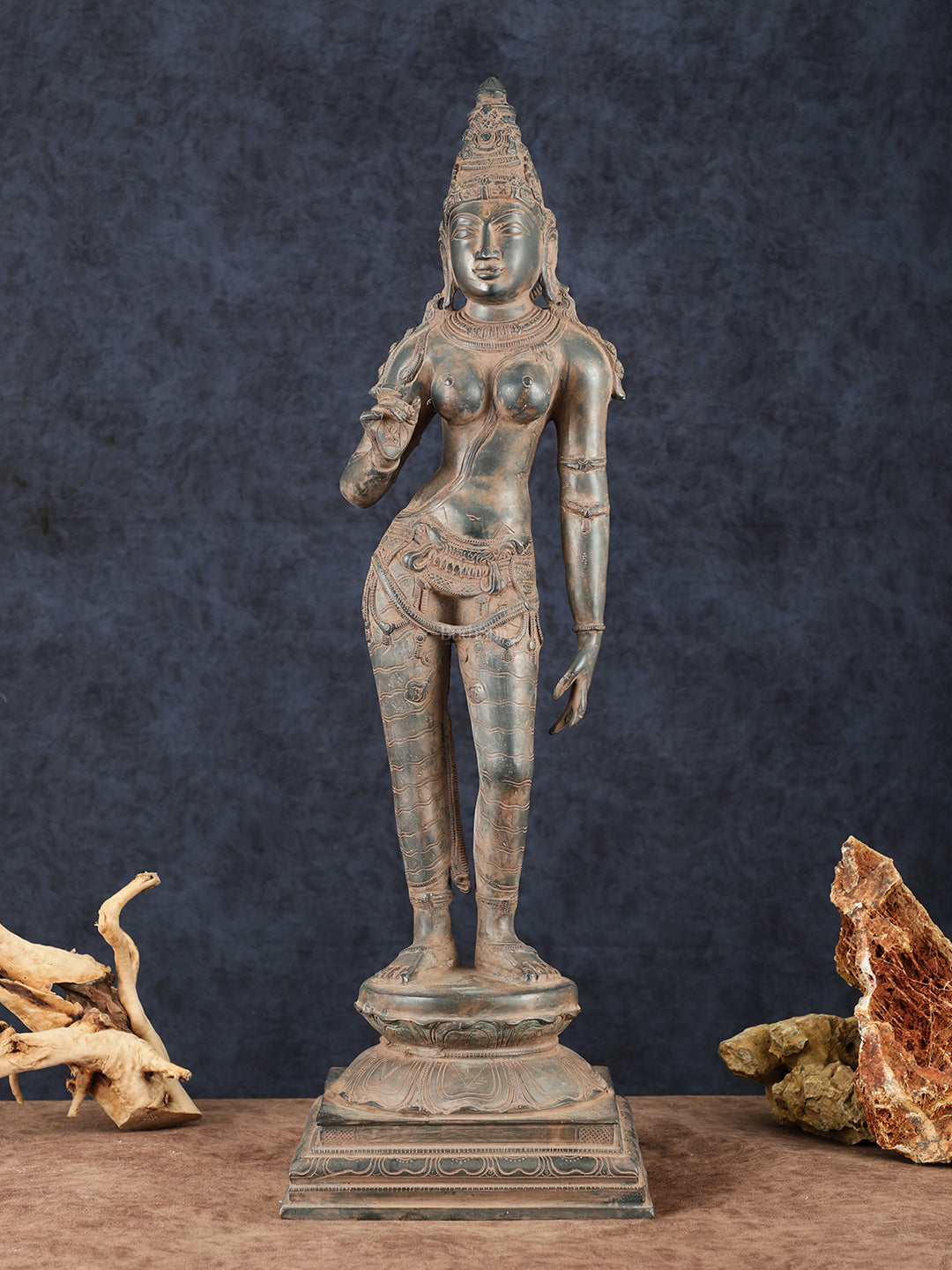 Goddess Parvati Standing Brass Sculpture – 27" Height, South Indian Chola Style