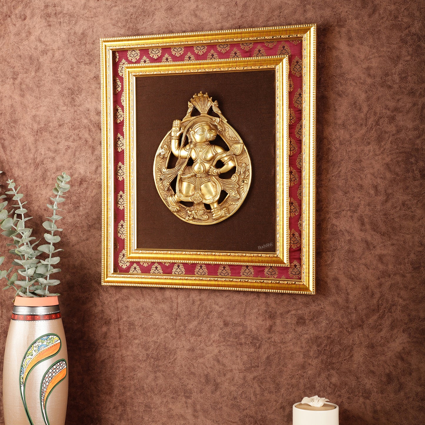 Brass Hanuman Hanging on Wooden Frame with Premium Fabric - 17" x 15"