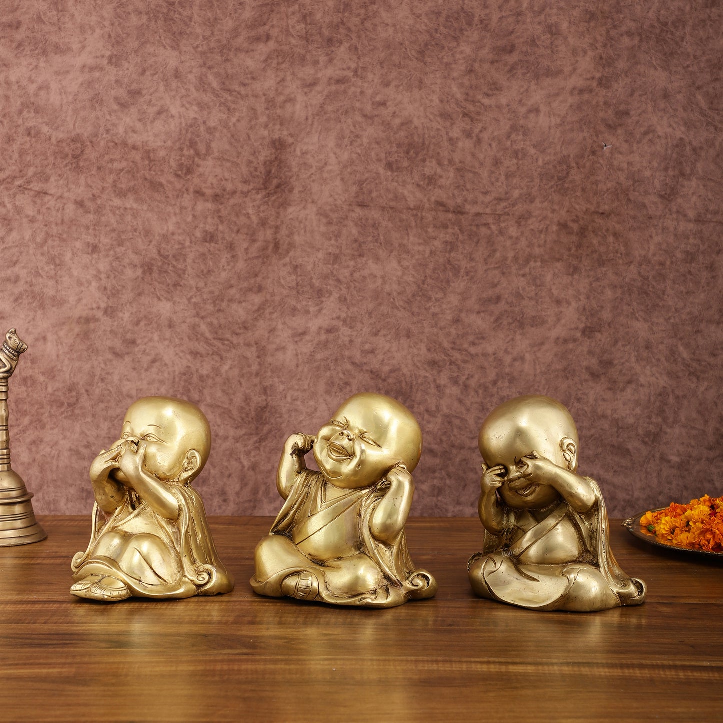 Pure Brass Large Happy Baby Monks Statues Set | 7.5-inch, 10 kg